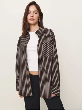 NWT Reformation Brown and Cream Striped Button-Down Shirt